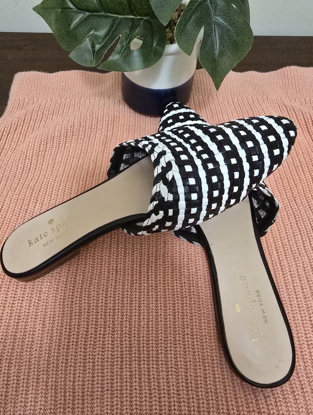 kate spade Black & White Woven Slide Mule